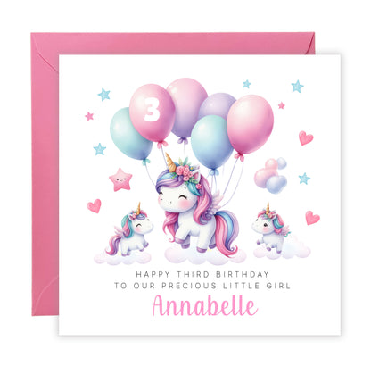 Personalised 3 Years Old 3rd Birthday Card for Toddler Girl – Cute Unicorn Design with Custom Name & Message - Age 3 Year Old Birthday Card for Girls, Daughter, Granddaughter, Niece with Pink Envelope
