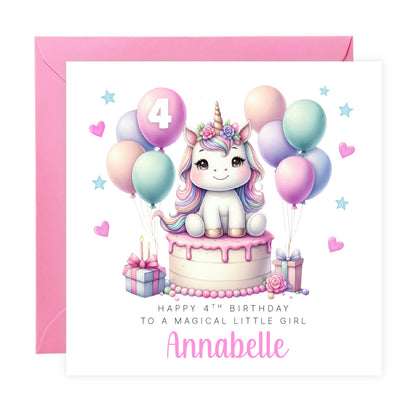 Personalised 4 Years Old 4th Birthday Card for Girls – Cute Unicorn Design with Custom Name & Message - Age 4 Magical Birthday Card for Kids Children Daughter Granddaughter Niece with Pink Envelope