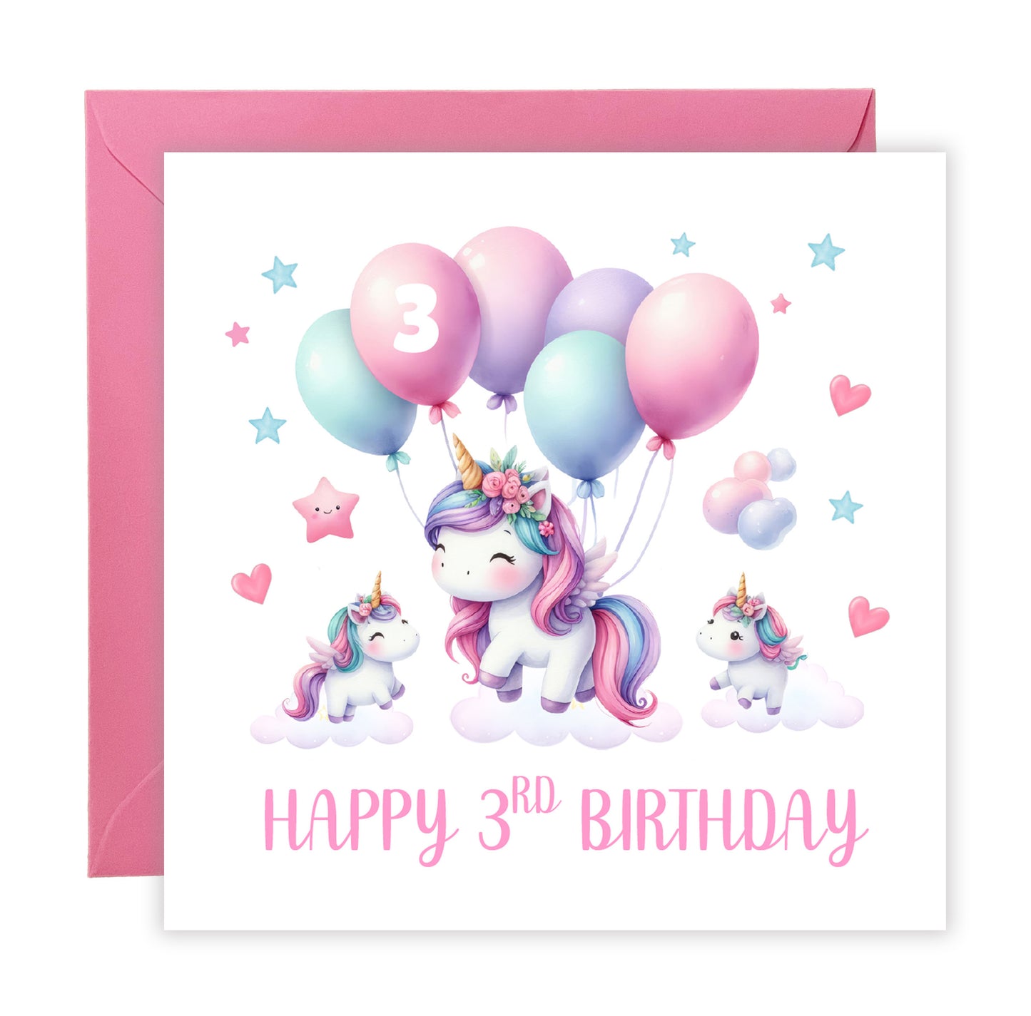 3 Years Old 3rd Birthday Card for Toddler Girl – Cute Unicorn and balloons Design - Age 3 Year Old Magical Birthday Card for Little Girls, Daughter, Granddaughter, Niece - Pink Envelope Included