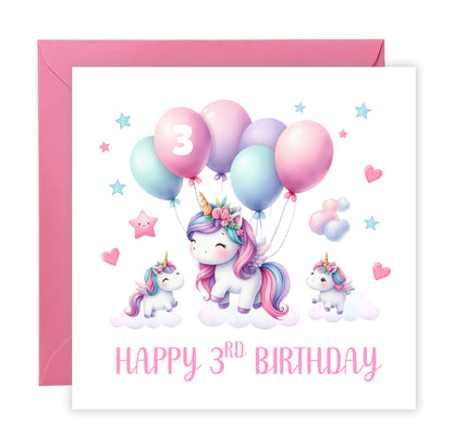3 Years Old 3rd Birthday Card for Toddler Girl – Cute Unicorn and balloons Design - Age 3 Year Old Magical Birthday Card for Little Girls, Daughter, Granddaughter, Niece - Pink Envelope Included