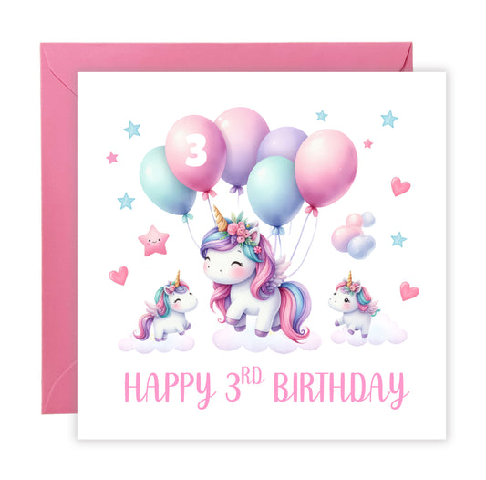 3 Years Old 3rd Birthday Card for Toddler Girl – Cute Unicorn and balloons Design - Age 3 Year Old Magical Birthday Card for Little Girls, Daughter, Granddaughter, Niece - Pink Envelope Included