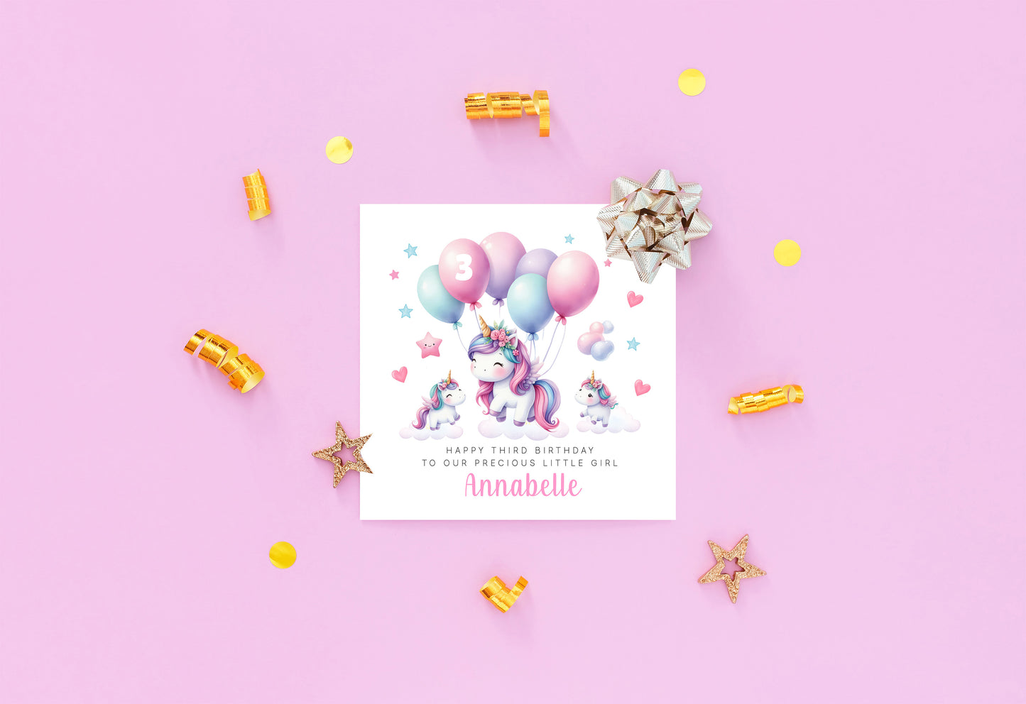 Personalised 3 Years Old 3rd Birthday Card for Toddler Girl – Cute Unicorn Design with Custom Name & Message - Age 3 Year Old Birthday Card for Girls, Daughter, Granddaughter, Niece with Pink Envelope