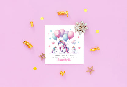 Personalised 3 Years Old 3rd Birthday Card for Toddler Girl – Cute Unicorn Design with Custom Name & Message - Age 3 Year Old Birthday Card for Girls, Daughter, Granddaughter, Niece with Pink Envelope