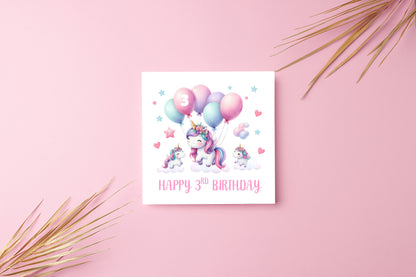 3 Years Old 3rd Birthday Card for Toddler Girl – Cute Unicorn and balloons Design - Age 3 Year Old Magical Birthday Card for Little Girls, Daughter, Granddaughter, Niece - Pink Envelope Included