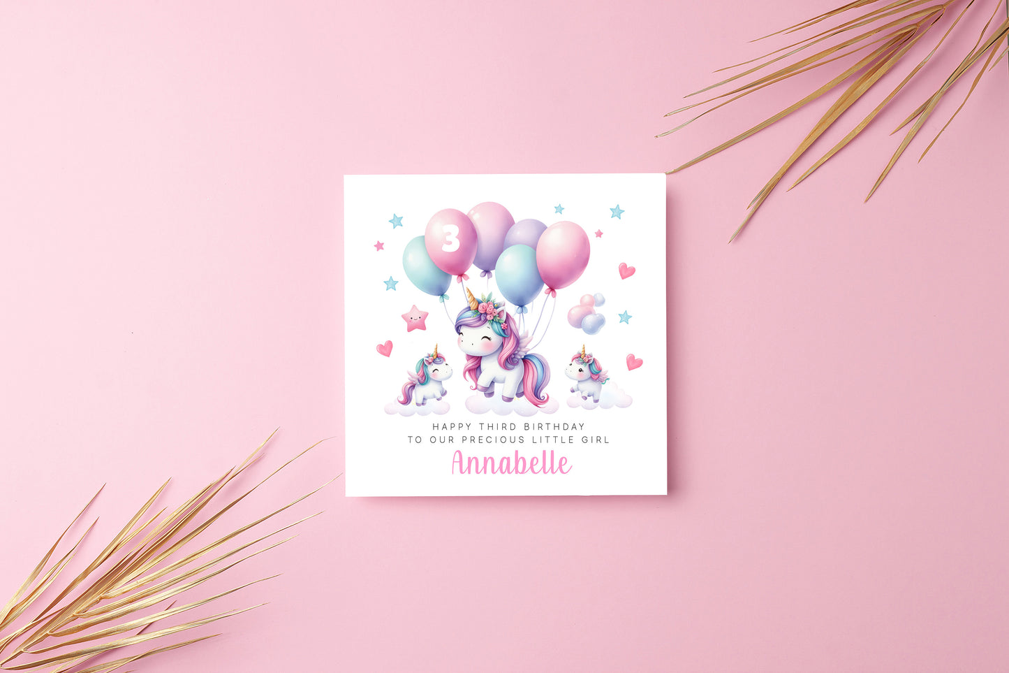 Personalised 3 Years Old 3rd Birthday Card for Toddler Girl – Cute Unicorn Design with Custom Name & Message - Age 3 Year Old Birthday Card for Girls, Daughter, Granddaughter, Niece with Pink Envelope