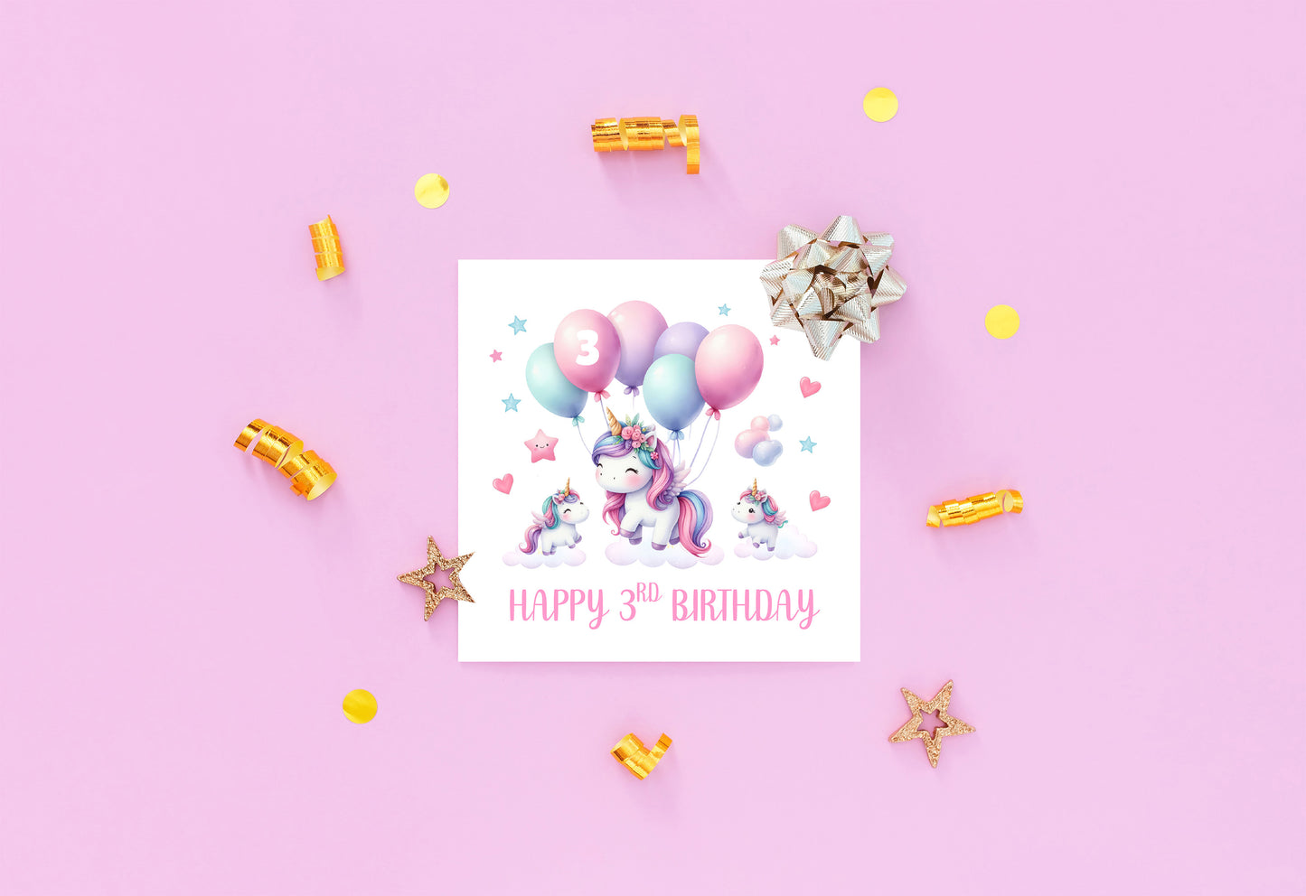 3 Years Old 3rd Birthday Card for Toddler Girl – Cute Unicorn and balloons Design - Age 3 Year Old Magical Birthday Card for Little Girls, Daughter, Granddaughter, Niece - Pink Envelope Included