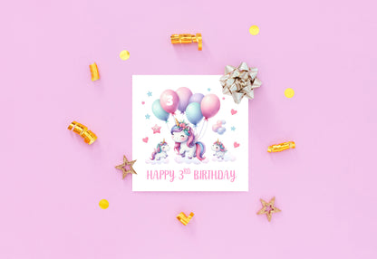 3 Years Old 3rd Birthday Card for Toddler Girl – Cute Unicorn and balloons Design - Age 3 Year Old Magical Birthday Card for Little Girls, Daughter, Granddaughter, Niece - Pink Envelope Included