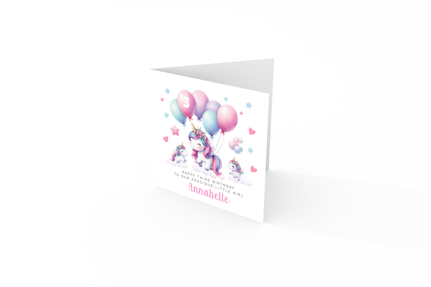Personalised 3 Years Old 3rd Birthday Card for Toddler Girl – Cute Unicorn Design with Custom Name & Message - Age 3 Year Old Birthday Card for Girls, Daughter, Granddaughter, Niece with Pink Envelope