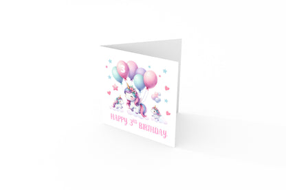 3 Years Old 3rd Birthday Card for Toddler Girl – Cute Unicorn and balloons Design - Age 3 Year Old Magical Birthday Card for Little Girls, Daughter, Granddaughter, Niece - Pink Envelope Included