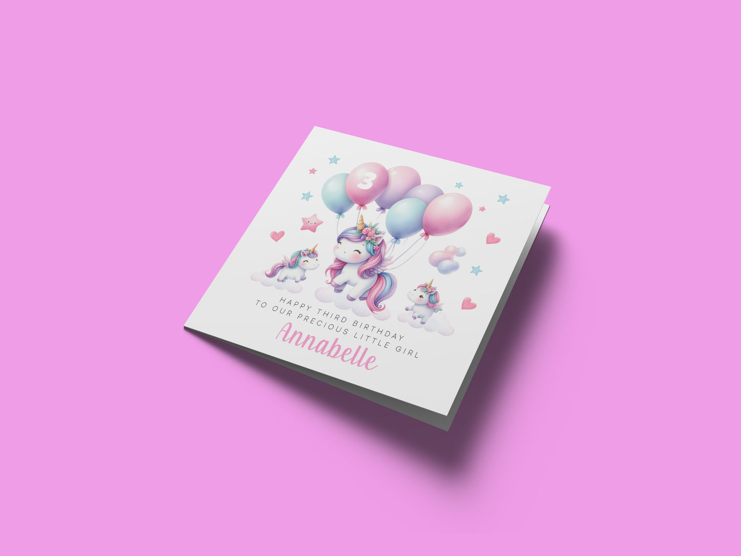 Personalised 3 Years Old 3rd Birthday Card for Toddler Girl – Cute Unicorn Design with Custom Name & Message - Age 3 Year Old Birthday Card for Girls, Daughter, Granddaughter, Niece with Pink Envelope