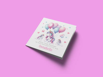 Personalised 3 Years Old 3rd Birthday Card for Toddler Girl – Cute Unicorn Design with Custom Name & Message - Age 3 Year Old Birthday Card for Girls, Daughter, Granddaughter, Niece with Pink Envelope