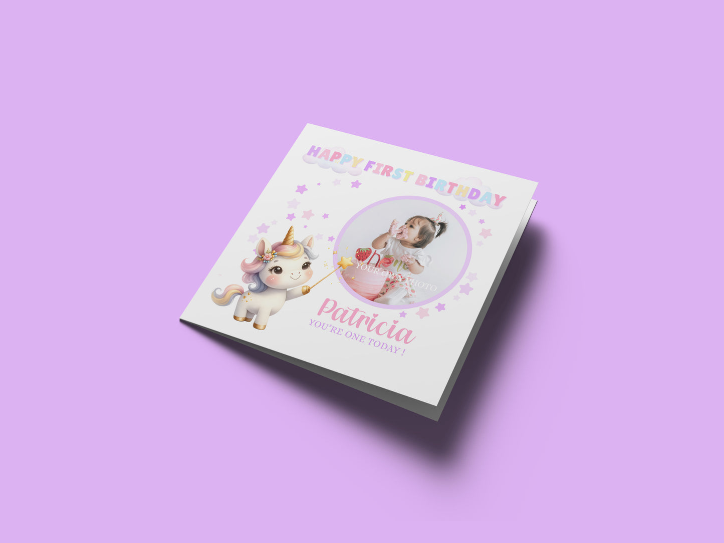 Personalised Photo 1st Birthday Card for Baby Girl – Cute Unicorn Design with Custom Photo and Name – One Year Old First Birthday Card for Daughter, Granddaughter, Niece – Pink Envelope Included