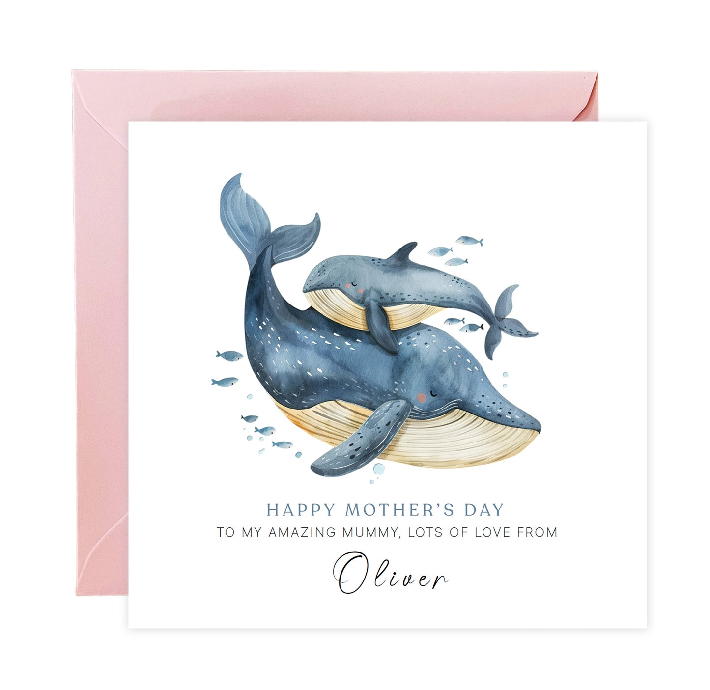 Personalised Happy Mother's Day Card with Custom Name for Mummy, Mama, Mother to be, Step-Mum, Grandma, Ocean Lover from Children, Son & Daughter – Beautiful Whale Mum & Kid - Pink Envelope Included