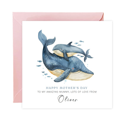 Personalised Happy Mother's Day Card with Custom Name for Mummy, Mama, Mother to be, Step-Mum, Grandma, Ocean Lover from Children, Son & Daughter – Beautiful Whale Mum & Kid - Pink Envelope Included