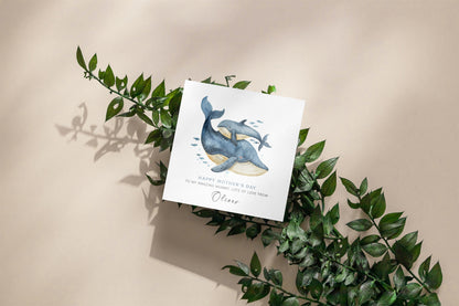 Personalised Happy Mother's Day Card with Custom Name for Mummy, Mama, Mother to be, Step-Mum, Grandma, Ocean Lover from Children, Son & Daughter – Beautiful Whale Mum & Kid - Pink Envelope Included