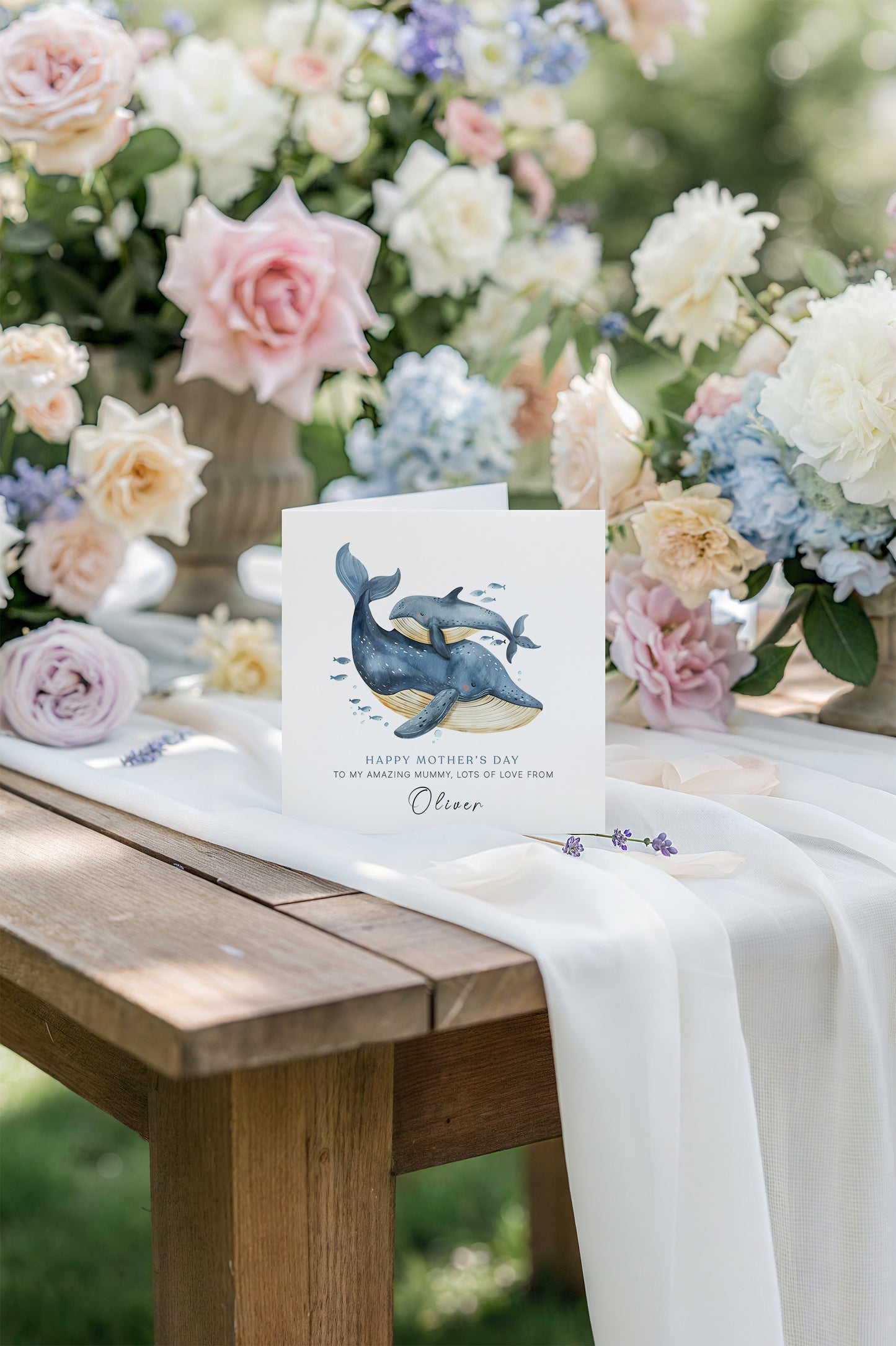 Personalised Happy Mother's Day Card with Custom Name for Mummy, Mama, Mother to be, Step-Mum, Grandma, Ocean Lover from Children, Son & Daughter – Beautiful Whale Mum & Kid - Pink Envelope Included