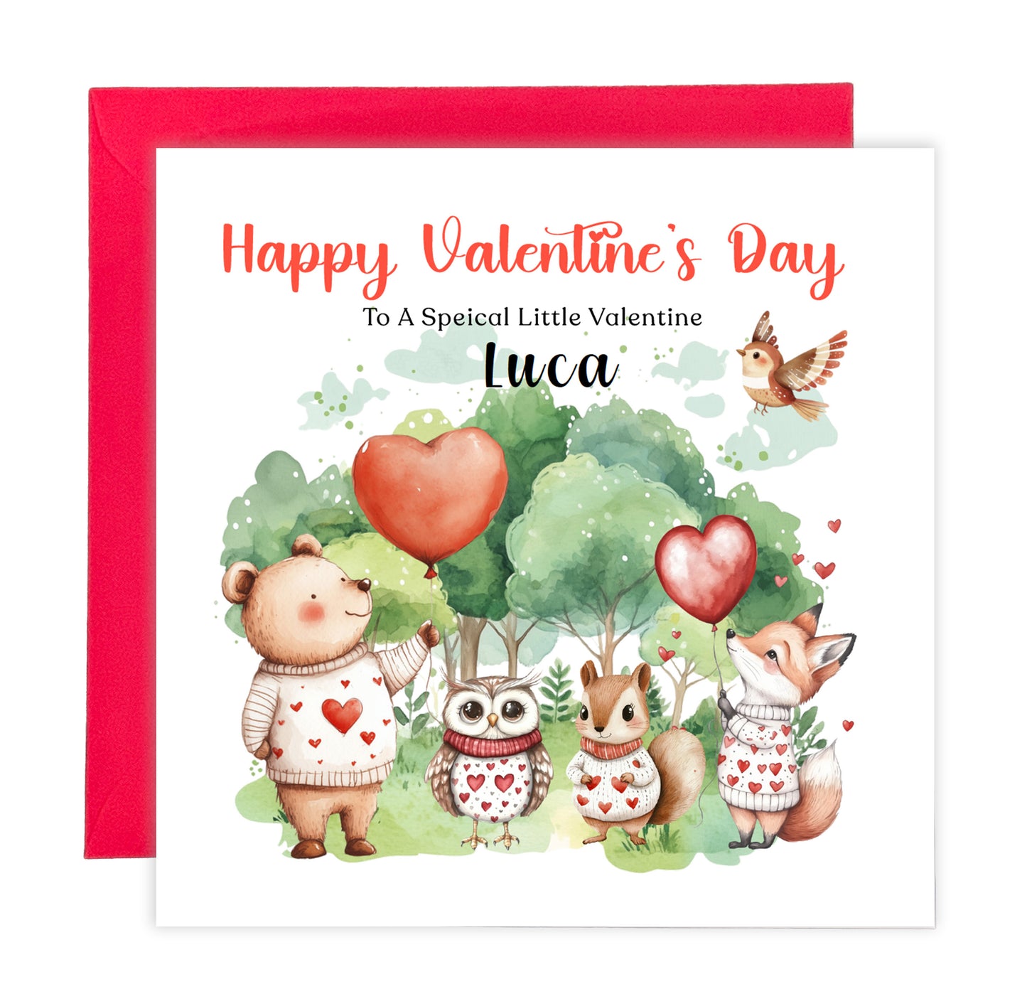 Personalised Valentine’s Day Card with Woodland Animals Design - Custom Name & Message - For Baby Boy, Girl, Toddler, Kids, Grandson, Granddaughter, Son, Daughter, Niece & Nephew with Red Envelope