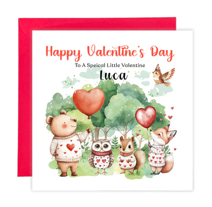 Personalised Valentine’s Day Card with Woodland Animals Design - Custom Name & Message - For Baby Boy, Girl, Toddler, Kids, Grandson, Granddaughter, Son, Daughter, Niece & Nephew with Red Envelope