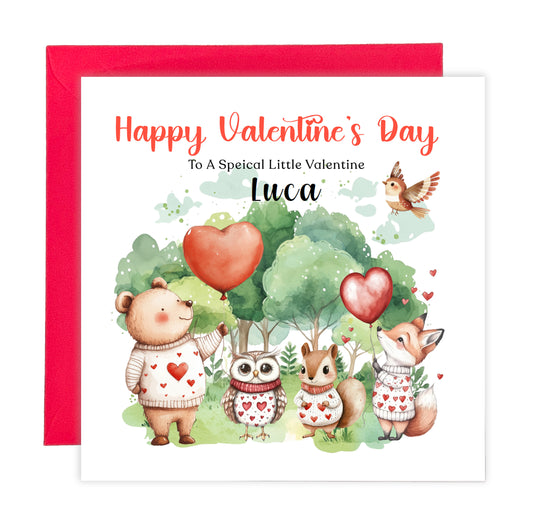 Personalised Valentine’s Day Card with Woodland Animals Design - Custom Name & Message - For Baby Boy, Girl, Toddler, Kids, Grandson, Granddaughter, Son, Daughter, Niece & Nephew with Red Envelope