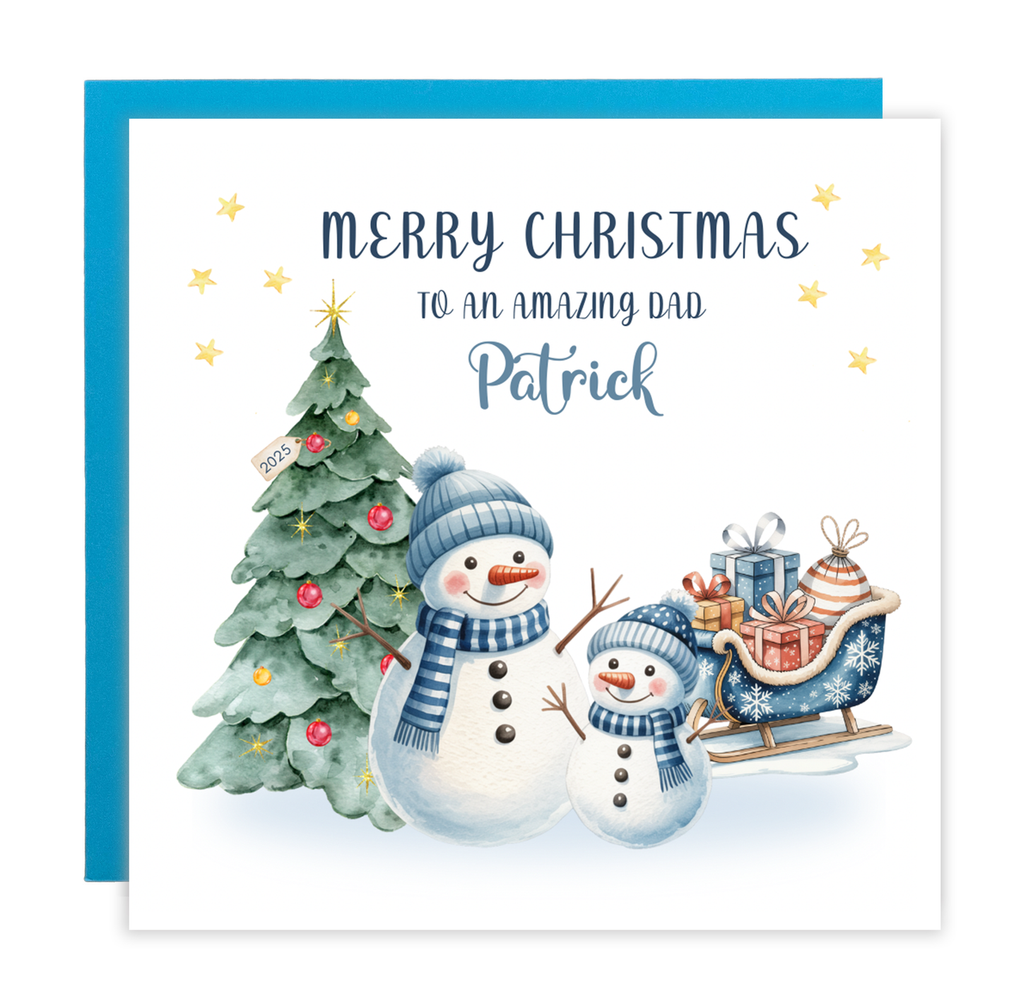 Personalised Christmas Card for Dad 2025 – Custom Name Xmas Card for an Amazing Dad – Cute Snowman & Tree Design – Festive Holiday Greeting Card with Blue Envelope – Gift from Son or Daughter
