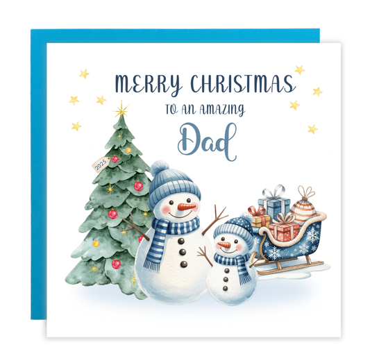 Christmas Card for Dad 2025 – Cute Snowman Xmas Card for father, Parents, Family  – Xmas Card from Son, Daughter, Kids, 1st, 2nd, 3rd, 4th etc Christmas as a Dad - Blue Envelope Included