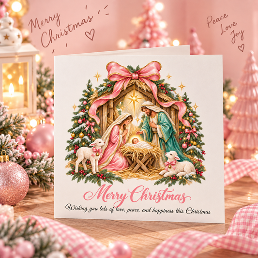 Pink Bow Nativity Christmas Card – Christian Greeting Card