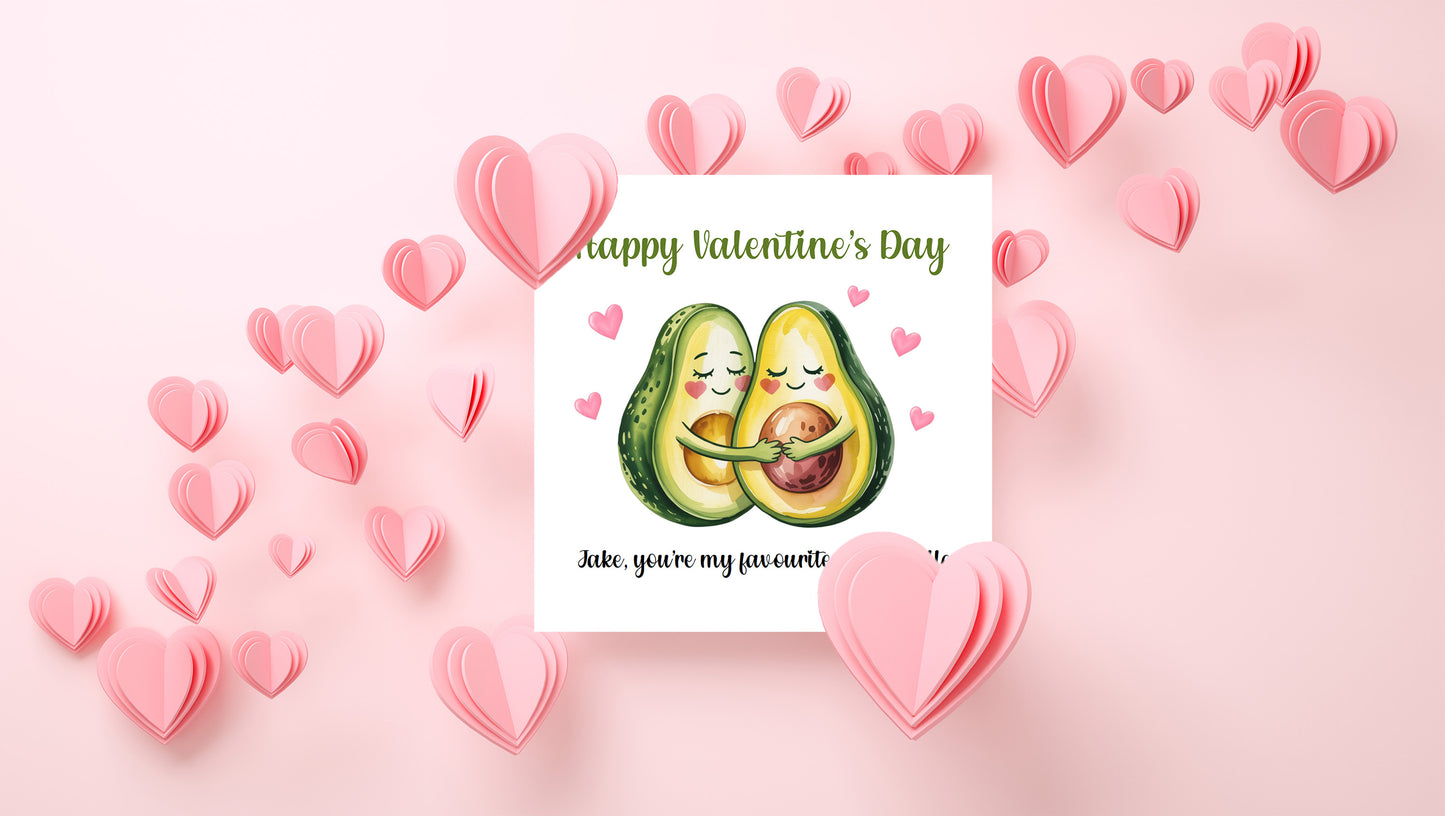 Personalised Happy Valentine’s Day Card with Cute Avocados Design for Loved Ones, Wife, Husband, Boyfriend, Girlfriend, Partner etc - Custom Name for Him or Her - Pink Envelope Included