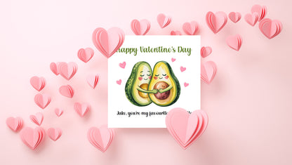 Personalised Happy Valentine’s Day Card with Cute Avocados Design for Loved Ones, Wife, Husband, Boyfriend, Girlfriend, Partner etc - Custom Name for Him or Her - Pink Envelope Included