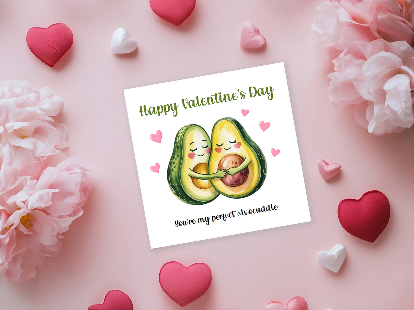 Happy Valentine’s Day Card with Cute Avacados Design - You’re My Perfect Avocuddle for Loved Ones, Wife, Husband, Boyfriend, Girlfriend, Partner, for Him or Her - Pink Envelope Included