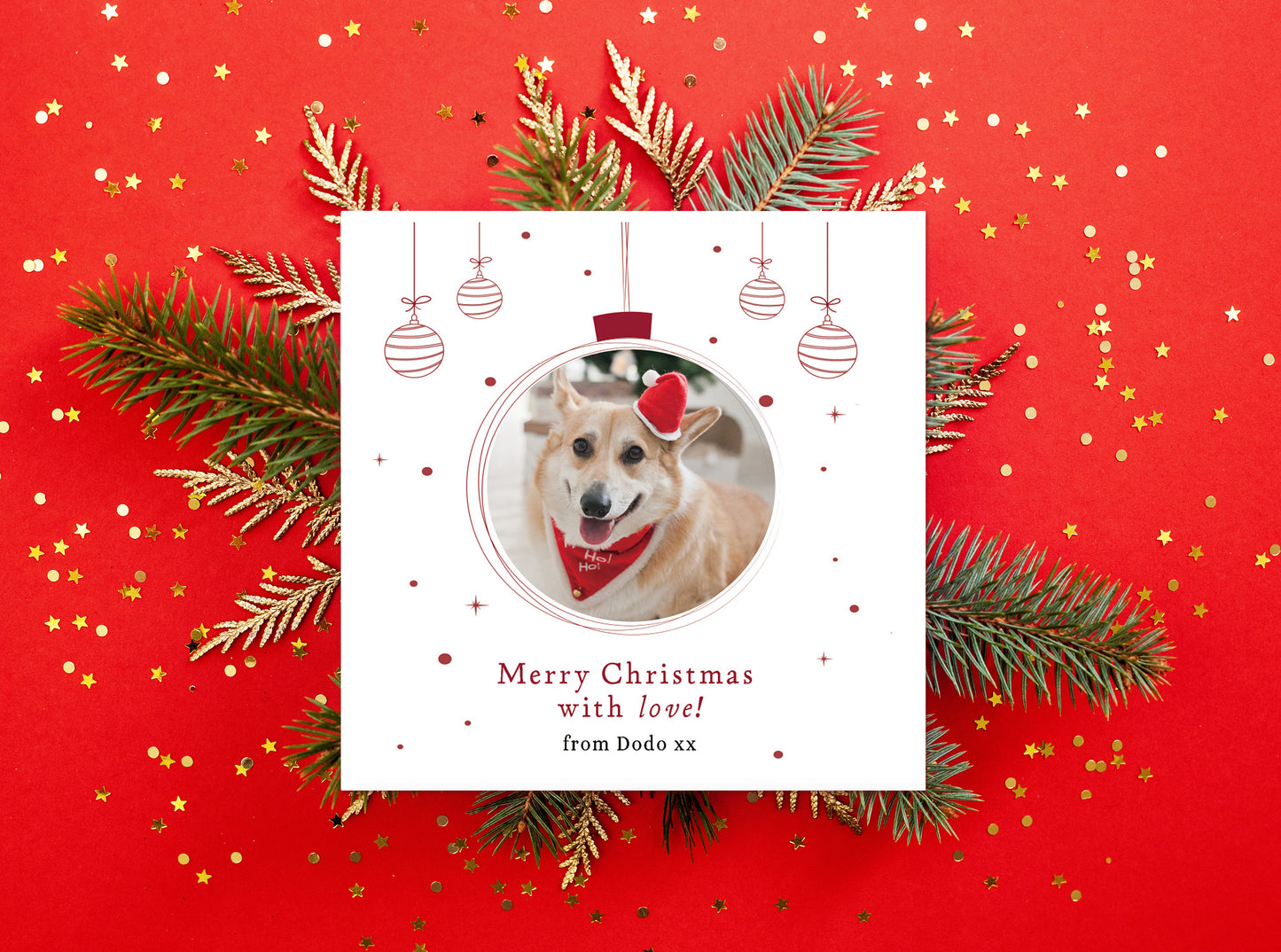 Personalised Photo Christmas Card – Christmas Baubles Design Merry Xmas Card with Customised Photo & Message - from Family, Children, Pet and Loved Ones - Red Envelope Included