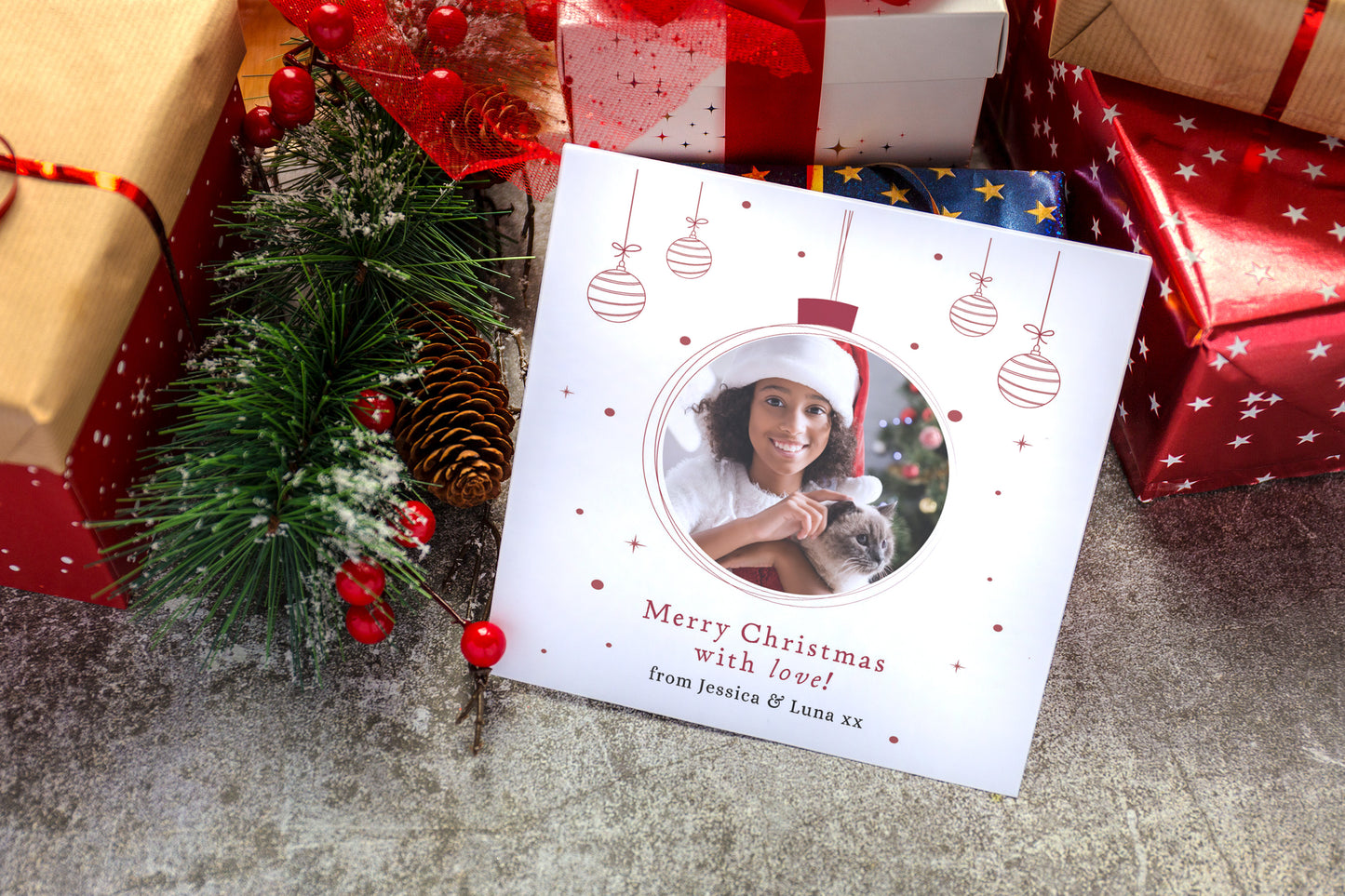 Personalised Photo Christmas Card – Christmas Baubles Design Merry Xmas Card with Customised Photo & Message - from Family, Children, Pet and Loved Ones - Red Envelope Included