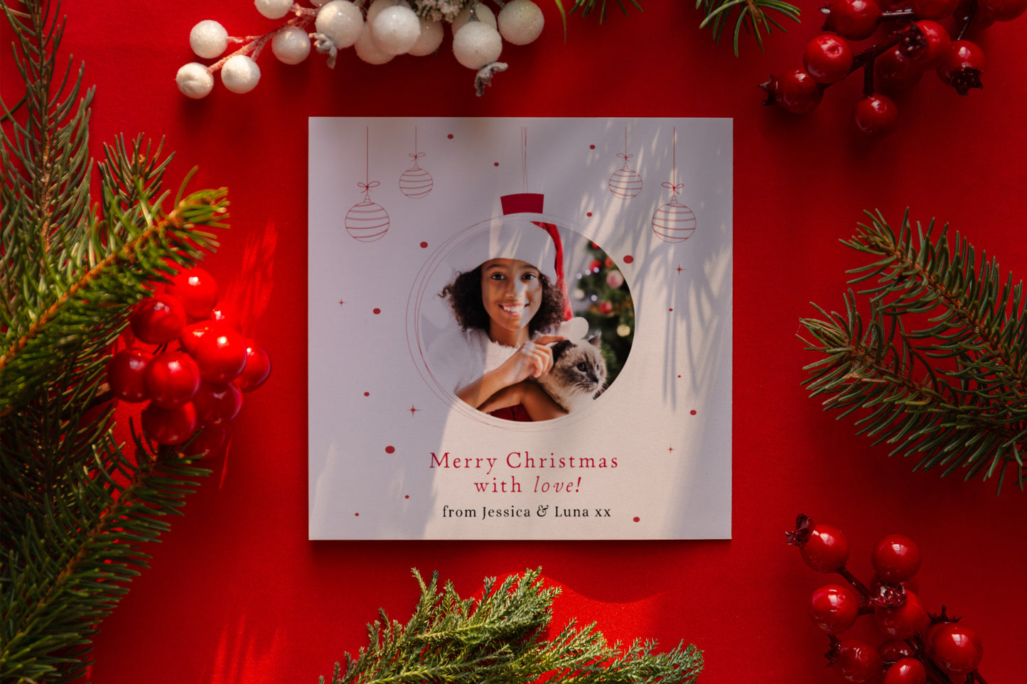 Personalised Photo Christmas Card – Christmas Baubles Design Merry Xmas Card with Customised Photo & Message - from Family, Children, Pet and Loved Ones - Red Envelope Included