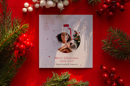 Personalised Photo Christmas Card – Christmas Baubles Design Merry Xmas Card with Customised Photo & Message - from Family, Children, Pet and Loved Ones - Red Envelope Included