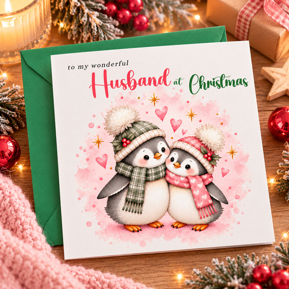 Merry Christmas Card for Husband  – Cute Penguin Couple Christmas Card