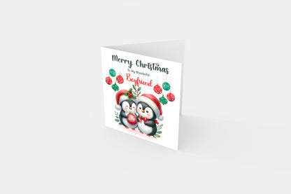 Cute Penguin Couple Merry Christmas Card – Penguins Xmas Card for Him or Her  – 6 Options Available: Boyfriend, Girlfriend, Husband, Wife, Fiancé & Fiancée – Red Envelope Included