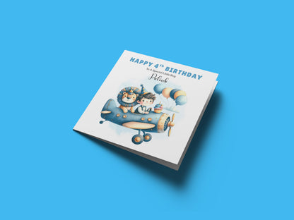 Personalised 4th Birthday Card for Boys – Lion & Aeroplane Design with Custom Name and Message, Age 4 Years Old Birthday Card for Kids, Children, Boy, Son, Grandson, Nephew– Blue Envelope Included