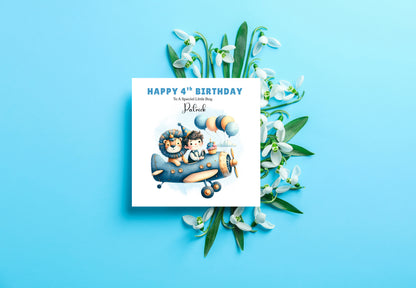 Personalised 4th Birthday Card for Boys – Lion & Aeroplane Design with Custom Name and Message, Age 4 Years Old Birthday Card for Kids, Children, Boy, Son, Grandson, Nephew– Blue Envelope Included