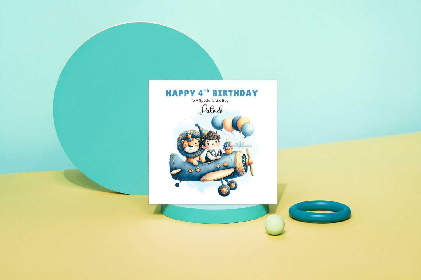Personalised 4th Birthday Card for Boys – Lion & Aeroplane Design with Custom Name and Message, Age 4 Years Old Birthday Card for Kids, Children, Boy, Son, Grandson, Nephew– Blue Envelope Included