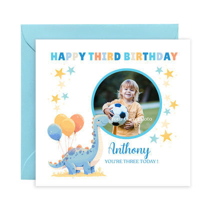 Personalised Photo 3rd Birthday Card for Toddler Boy –  Blue Brontosaurus Dinosaur with Custom Photo and Name, Age 3 Years Old Happy Birthday Card for Son, Grandson, Nephew –  Blue Envelope Included