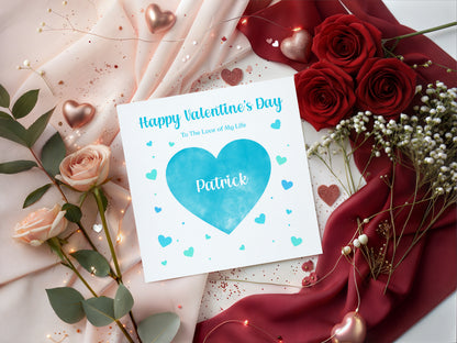 Personalised Happy Valentine’s Day Card with Elegant Blue Heart Design for Loved Ones, Husband,   Boyfriend, Fiance, Partner - with Custom Name & Message just for Him - Blue Envelope Included