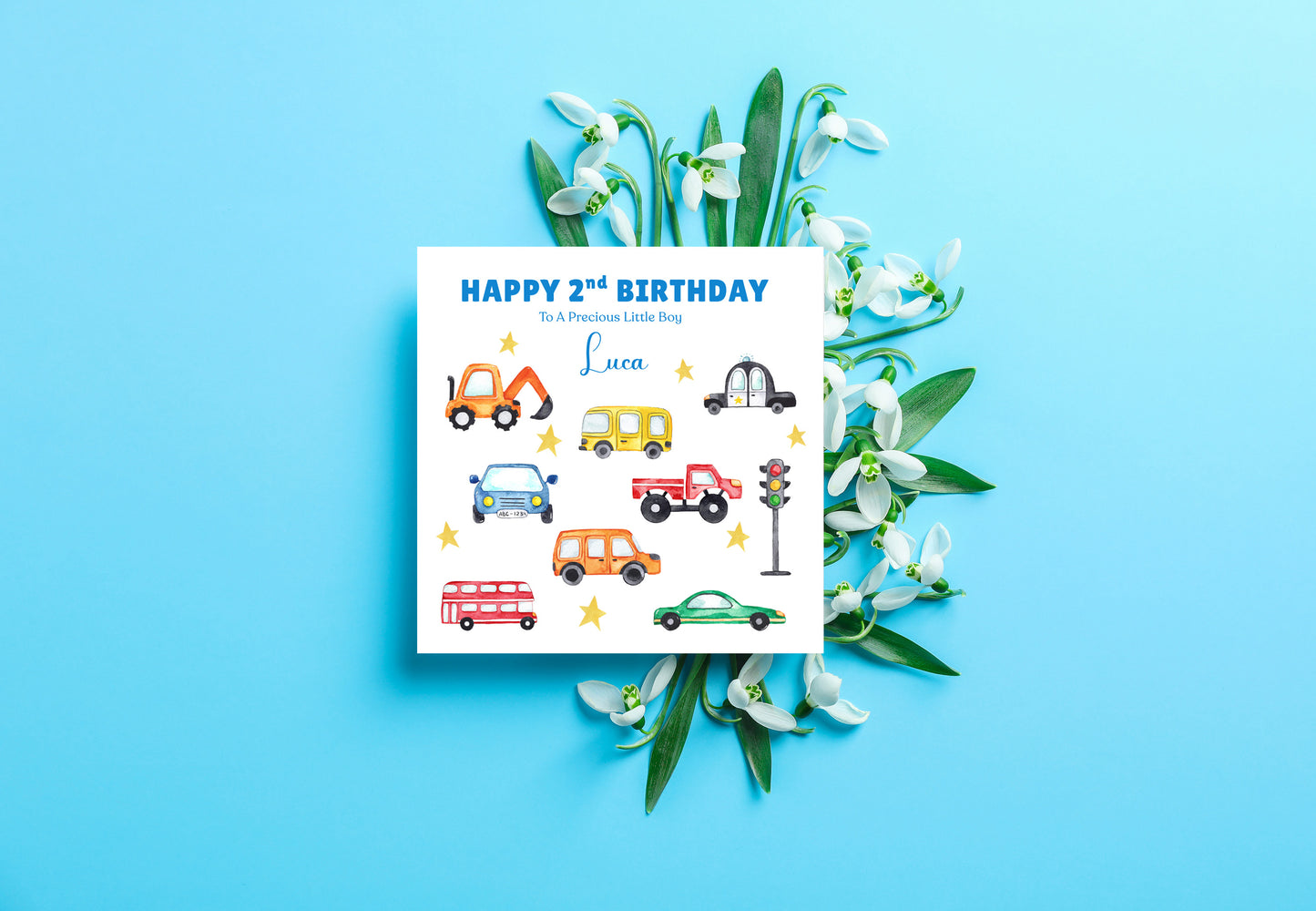 Personalised Two Years Old 2nd Birthday Card for Boy – Custom Name & Message – Cute Cars Design - Kids Birthday Card for Two-Year-Old Toddler Boys, Son, Nephew, Grandson (Blue or Green)