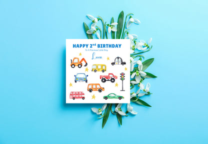 Personalised Two Years Old 2nd Birthday Card for Boy – Custom Name & Message – Cute Cars Design - Kids Birthday Card for Two-Year-Old Toddler Boys, Son, Nephew, Grandson (Blue or Green)