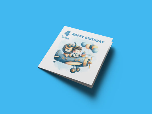 Happy 4th Birthday Card for Boys – Lion & Aeroplane Design, Age 4 Years Old Birthday Card for Kids, Children, Boy, Son, Grandson, Nephew – Blue Envelope Included