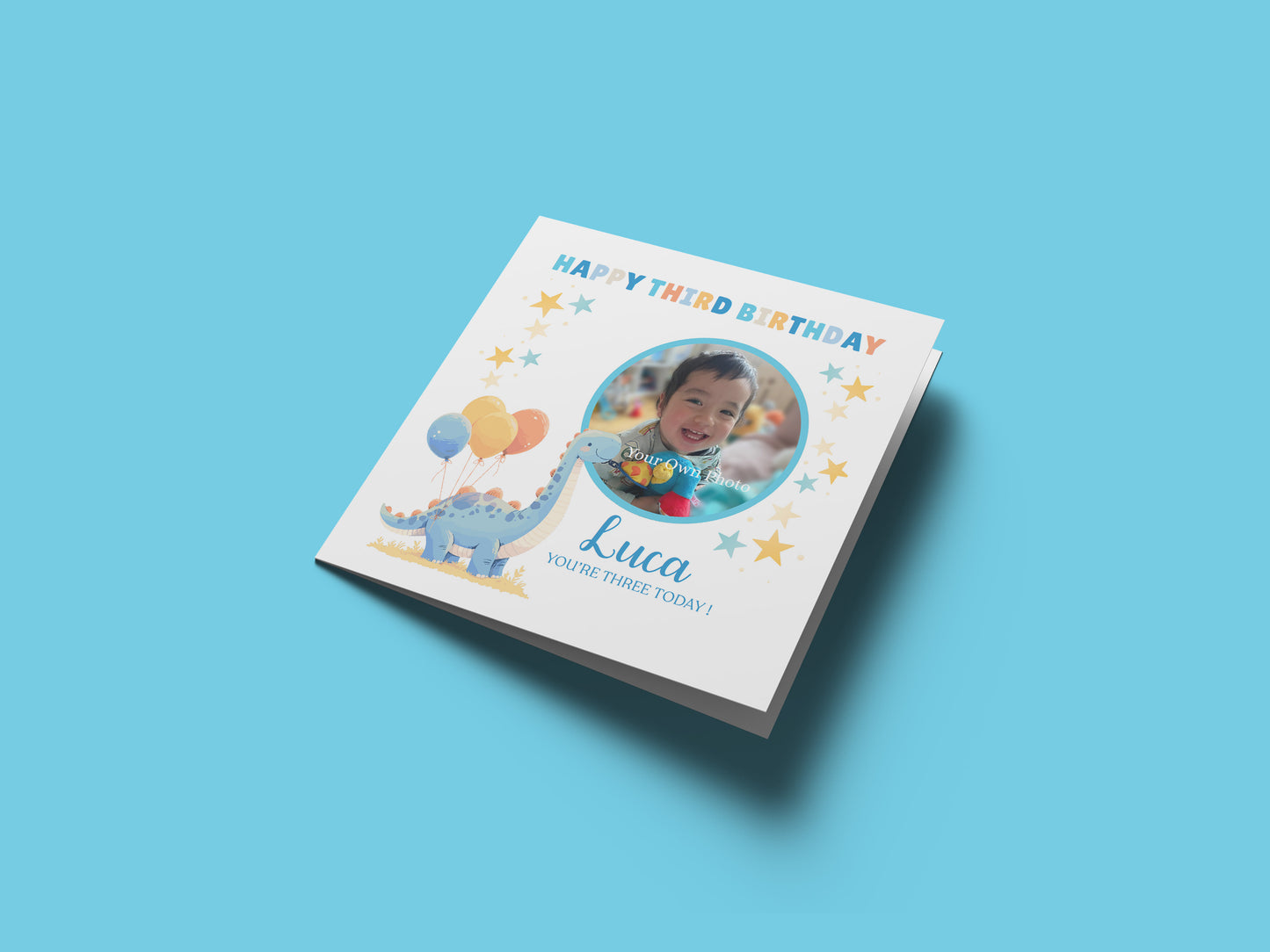 Personalised Photo 3rd Birthday Card for Toddler Boy –  Blue Brontosaurus Dinosaur with Custom Photo and Name, Age 3 Years Old Happy Birthday Card for Son, Grandson, Nephew –  Blue Envelope Included