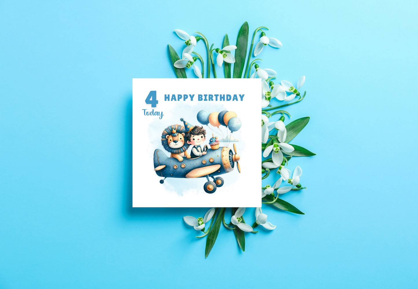 Happy 4th Birthday Card for Boys – Lion & Aeroplane Design, Age 4 Years Old Birthday Card for Kids, Children, Boy, Son, Grandson, Nephew – Blue Envelope Included