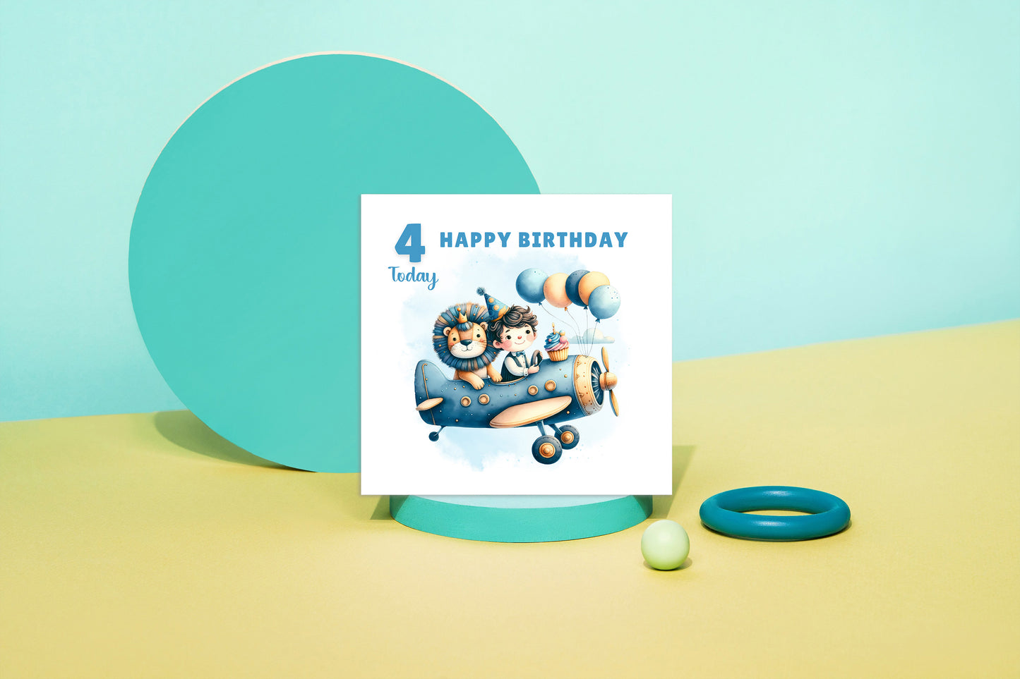 Happy 4th Birthday Card for Boys – Lion & Aeroplane Design, Age 4 Years Old Birthday Card for Kids, Children, Boy, Son, Grandson, Nephew – Blue Envelope Included