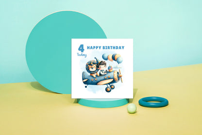 Happy 4th Birthday Card for Boys – Lion & Aeroplane Design, Age 4 Years Old Birthday Card for Kids, Children, Boy, Son, Grandson, Nephew – Blue Envelope Included
