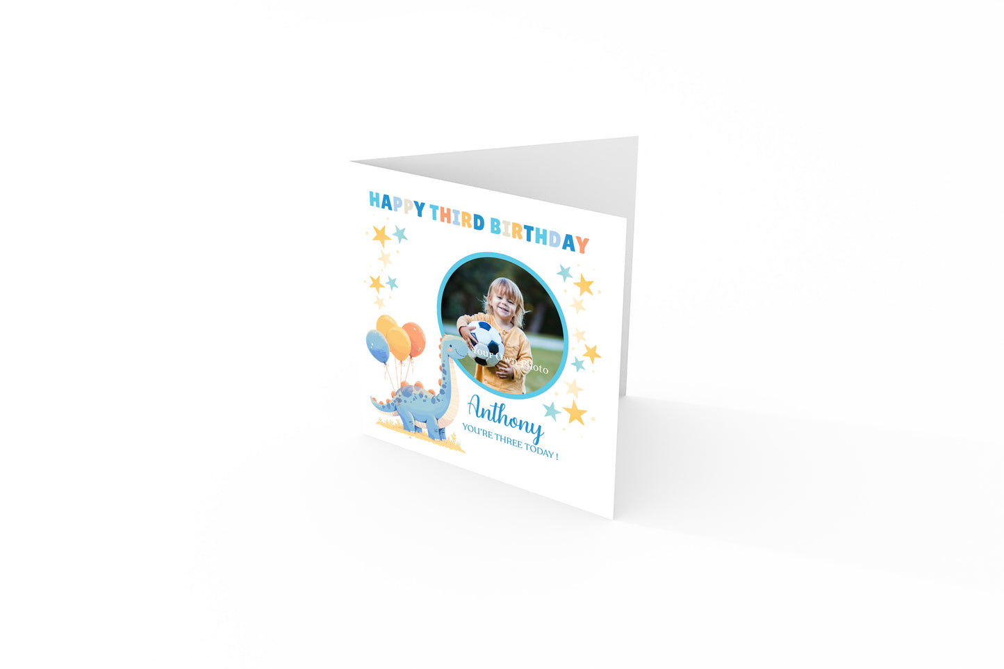 Personalised Photo 3rd Birthday Card for Toddler Boy –  Blue Brontosaurus Dinosaur with Custom Photo and Name, Age 3 Years Old Happy Birthday Card for Son, Grandson, Nephew –  Blue Envelope Included