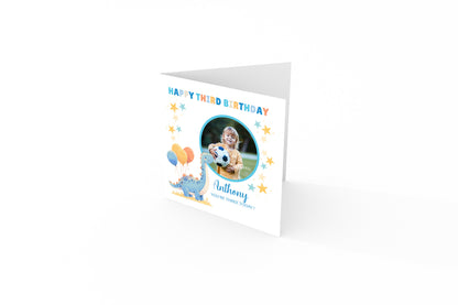 Personalised Photo 3rd Birthday Card for Toddler Boy –  Blue Brontosaurus Dinosaur with Custom Photo and Name, Age 3 Years Old Happy Birthday Card for Son, Grandson, Nephew –  Blue Envelope Included