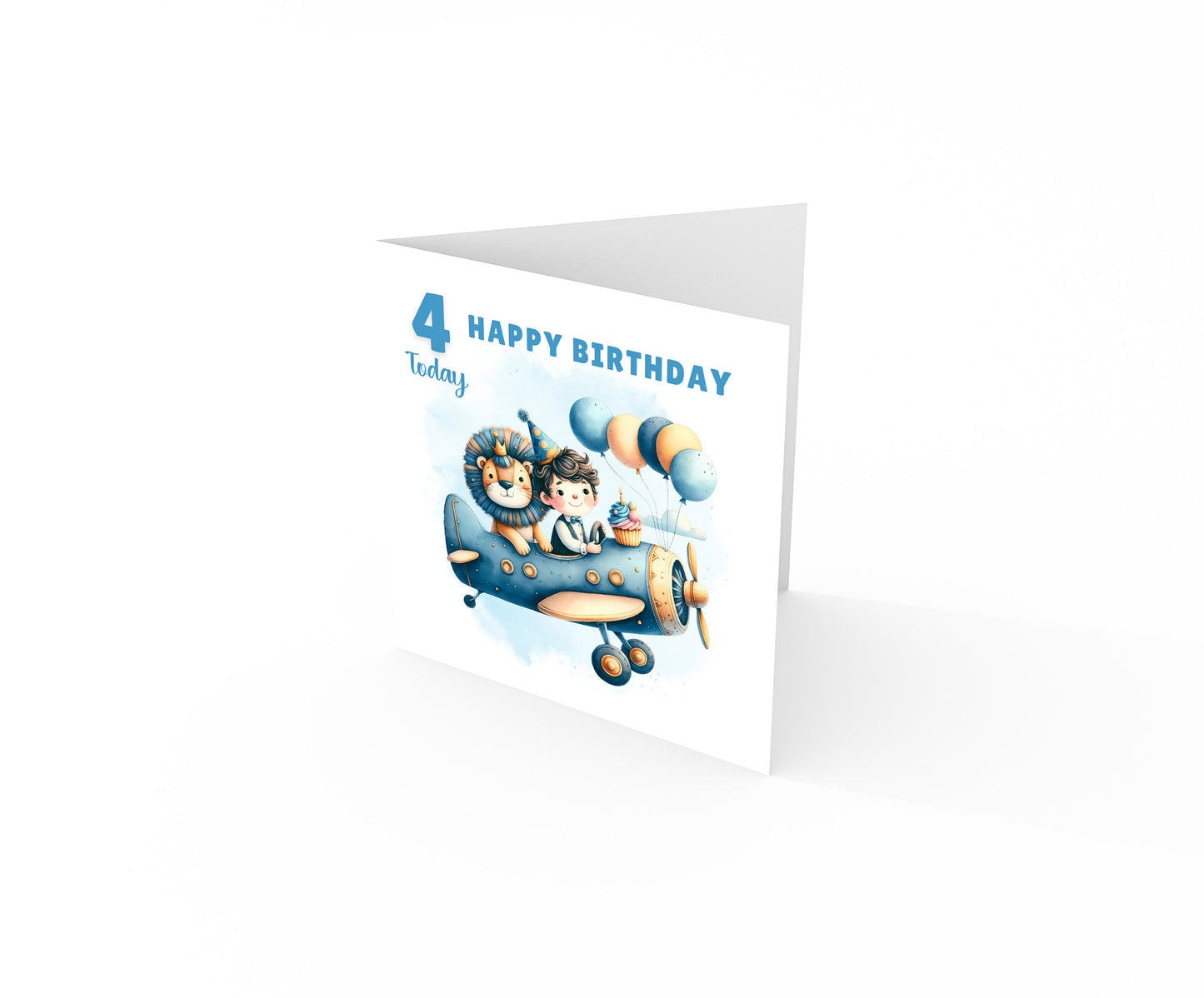 Happy 4th Birthday Card for Boys – Lion & Aeroplane Design, Age 4 Years Old Birthday Card for Kids, Children, Boy, Son, Grandson, Nephew – Blue Envelope Included